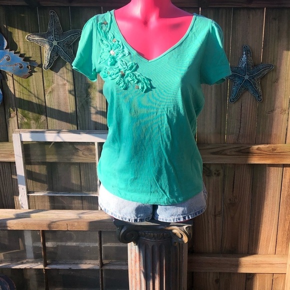 Rafaella Embellished Green Cotton Tee, M - Picture 1 of 5